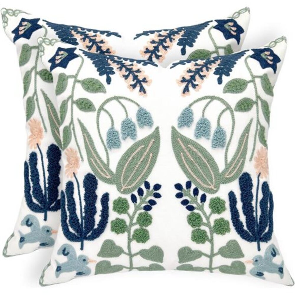 Spring Floral Embroidered Decorative Throw Pillow Covers 18"x 18" Set